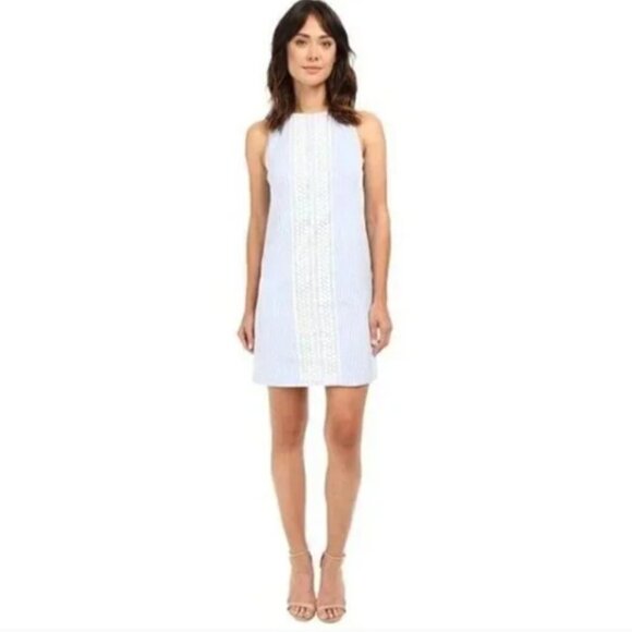 London Times Seersucker & Crochet Lace 60s/70s Shift Dress Sz 6 Blue/White 250C - Picture 8 of 11